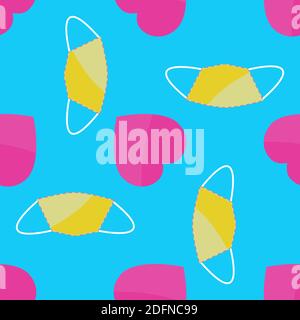 Vector seamless pattern of pink hearts and yellow medical masks in flat style on a blue background Stock Vector