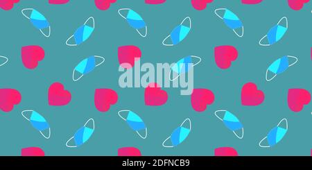 Vector rectangular pattern of pink hearts and blue medical masks in flat style on a blue background. Stock Vector