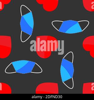 Vector seamless pattern of red hearts and blue medical masks in flat style on a black background. Stock Vector