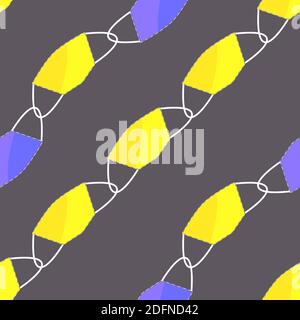 Vector seamless pattern of yellow and lilac medical masks in flat style on a gray background Stock Vector