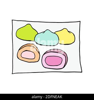Vector hand drawn doodle mochi ice cream. Japanese rice dessert. Design sketch element for menu cafe, restaurant, label and packaging. Colorful illust Stock Vector