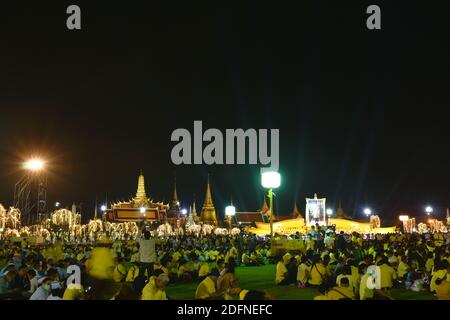 Bangkok Thailand December 5 ,2020 :Thai people wraeing yellow shirt  in birthday of his majesty the late king Bhumibol Adulayadej at Sanam Lauang on n Stock Photo