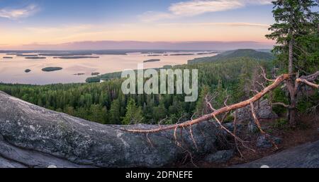 Scenic landscape with lake and sunset at evening in Koli, national park, Finland Stock Photo