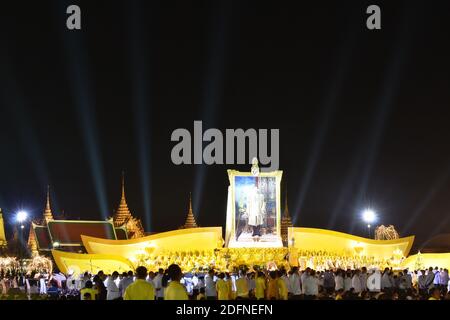 Bangkok Thailand December 5 ,2020 :Thai people wraeing yellow shirt  in birthday of his majesty the late king Bhumibol Adulayadej at Sanam Lauang on n Stock Photo