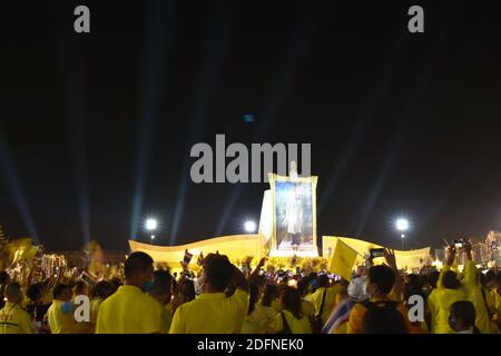 Bangkok Thailand December 5 ,2020 :Thai people wraeing yellow shirt  in birthday of his majesty the late king Bhumibol Adulayadej at Sanam Lauang on n Stock Photo