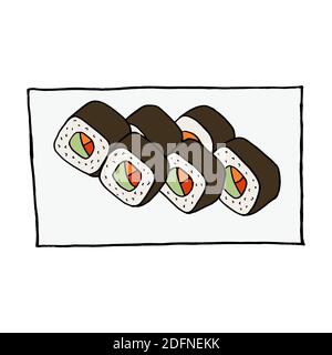 Vector hand drawn doodle sushi roll on the plate. Japanese cuisine dish. Design sketch element for menu cafe, restaurant, label and packaging. Colorfu Stock Vector