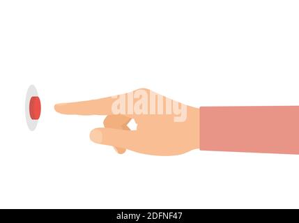 Flat design illustration of male or female hand. The index finger presses the red doorbell button on the wall. Isolated on white background - vector Stock Vector