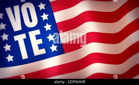 American flag and text of vote. Vintage banner for 2020 presidential election in USA. Vote 2020. Stock Photo