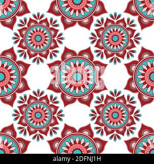 Mandala seamless pattern vector. A symmetrical round red ornament. Ethnic draw Stock Vector
