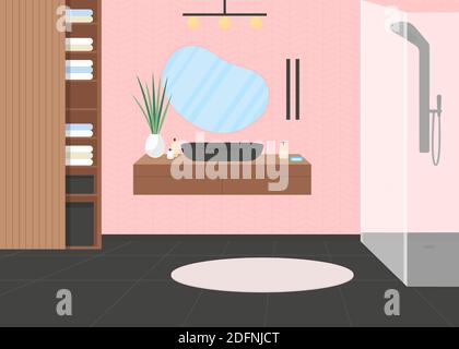 Pink luxury bathroom flat color vector illustration Stock Vector