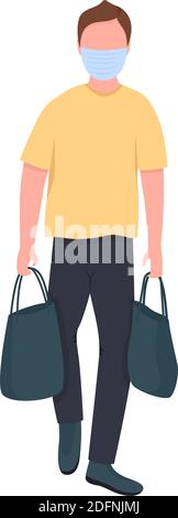 Caucasian man in mask with bags flat color vector faceless character Stock Vector