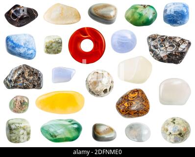 collection of various agate natural mineral gem stones isolated on white background Stock Photo