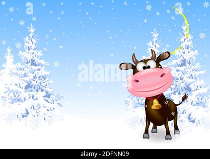 Bull against the background of snowflakes, sky and snow-covered trees. Stock Vector