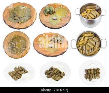 collection of Dolma cooking (armenian dish dolma from grape leaves and mince meat with rice) isolated on white background Stock Photo