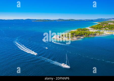 Aerial view of lighthouse in town of Jadrija in Sibenik bay in Croatia, beautiful seascape Stock Photo