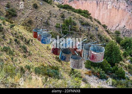 Bucket ropeway of a disused ore mine in Dijik, Tajikistan Stock Photo