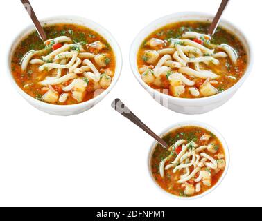 set of central asian Laghman soups in white bowl isolated on white background Stock Photo