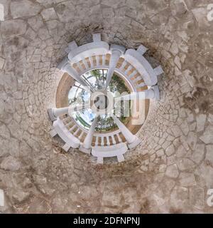 Little planet transformation of spherical panorama 360 degrees. Spherical abstract aerial view on wooden bridge. Curvature of space. abstract round di Stock Photo