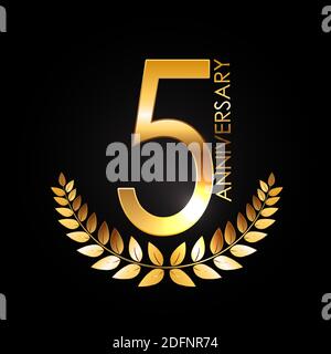 Golden Template Logo 5 Years Anniversary with Laurel wreath Vector Illustration Stock Vector