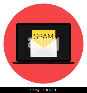 Envelope with spam. Spam Email Warning Window On Laptop Screen. Vector Illustration. Stock Vector