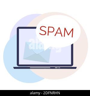 Envelope with spam. Spam Email Warning Window On Laptop Screen. Vector Illustration Stock Vector