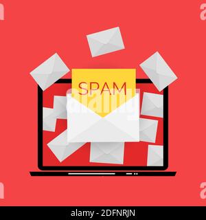 Envelope with spam. Spam Email Warning Window On Laptop Screen. Vector Illustration. Stock Vector