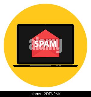 Envelope with spam. Spam Email Warning Window On Laptop Screen. Vector Illustration. Stock Vector
