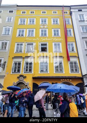 SALZBURG, AUSTRIA - AUGUST 30, 2018: Birthplace of Wolfgang Amadeus Mozart in Salzburg, Austria. Mozart is known to be one of the most brilliant compo Stock Photo