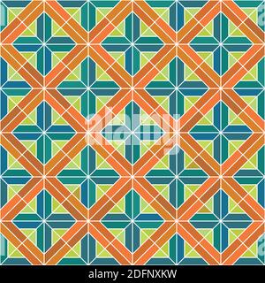 Japanese seamless Kumiko pattern .Orange ,blue and green colors. Stock Vector