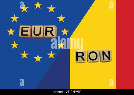 United Europe and Romania currencies codes on national flags background. International money transfer concept