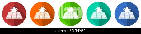 Sun over solar panel vector icon set, red, blue, green and orange flat design web buttons isolated on white, vector illustration Stock Vector