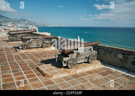 Cannons, guns, Castle Sohail Moorish fortress, Fuengirola, Málaga province, Andalusia, Spain. Stock Photo