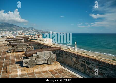 Cannons, guns, Castle Sohail Moorish fortress, Fuengirola, Málaga province, Andalusia, Spain. Stock Photo