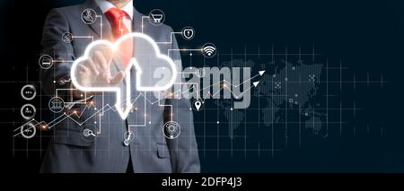 Businessman touch icon Cloud computing. Futuristic display technology and connectivity concept. Mixed media Stock Photo