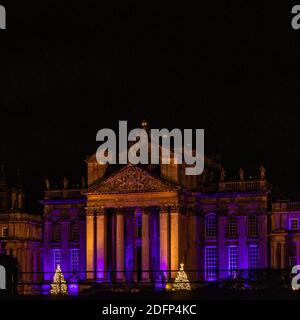 Blenheim Palace illuminated for Christmas as part of the Blenheim Christmas lights trail. Stock Photo