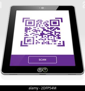 A QR Code Graphic presented on a Tablet PC touch screen. The QR code graphic is ready for scanning. Stock Photo