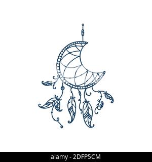 Boho dreamcatchers with feathers and arrow. Dream catcher in shape of crescent moon. Vector illustration in doodle style Stock Vector