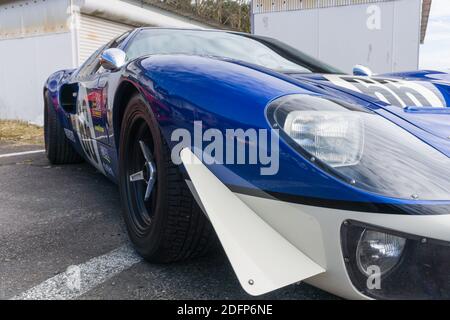 Close up view of the front and side of a metallic blue and white Superformance GT40R high quality replica of the Ford GT40 Stock Photo