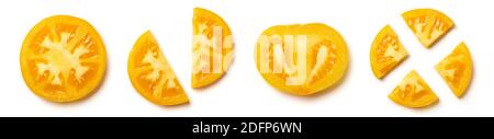 Sliced Yellow Tomato isolated on white background, top view Stock Photo