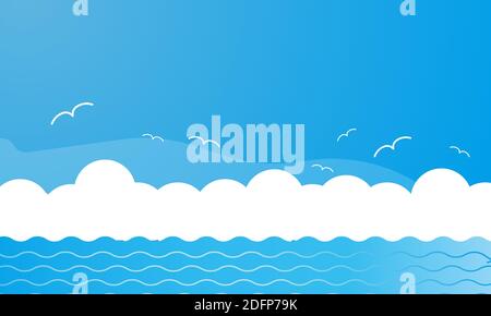 Ocean view with sea, waves and seagulls. Flat vector illustration concept Stock Vector