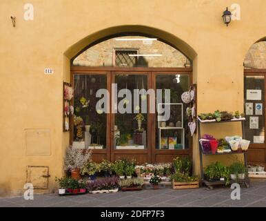 San Quirico D'Orcia, Italy - September 3rd 2020. A small florist's in the historic medieval village of San Quirico D'Orcia, Siena Province, Tuscany Stock Photo