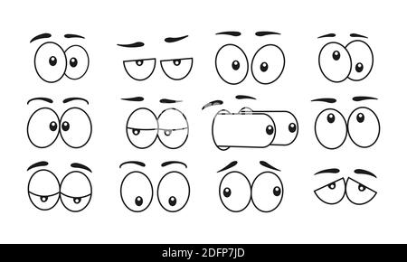 Cartoon comic style eyes with eyebrow set. Eyes emotions character black color isolated on white background. Vector illustration Stock Vector