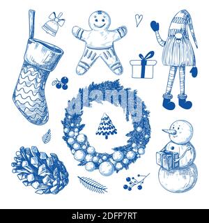 Christmas set. Different Christmas elements on a white background. Sketch, vector Stock Vector