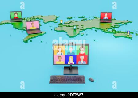 People connecting together, learning or meeting online with teleconference, video conference remote working on computer, work from home and work from Stock Photo