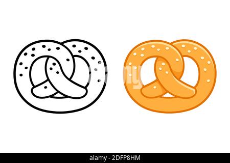 Soft pretzels, traditional German bakery snack. Black and while icon and color drawing. Isolated cartoon vector illustration. Stock Vector