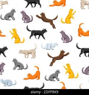Seamless pattern with stylized cats in various poses. Stock Vector