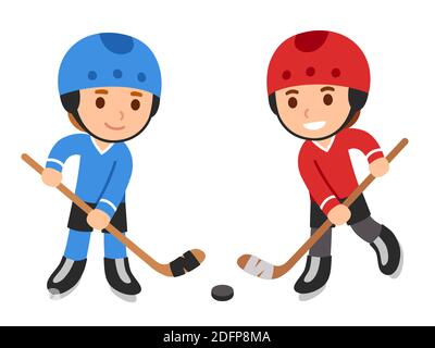 Boy hockey player is ice skating in a sports uniform with a stick and a  puck. Sports child plays professional hockey. Vector illustration isolated  on Stock Vector Image & Art - Alamy