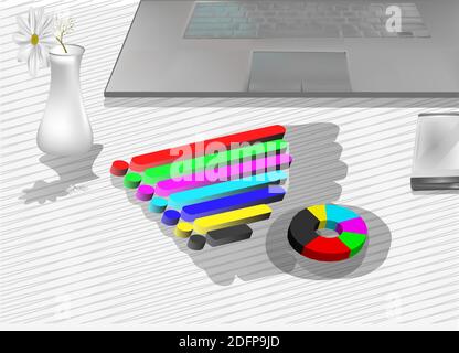 notebook and graph on grey table Stock Vector