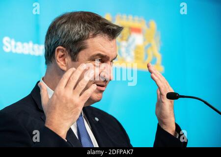 Munich, Germany. 06th Dec, 2020. Markus Söder (CSU), party chairman and Minister President of Bavaria, speaks at a press conference after a cabinet meeting on further developments in the Corona pandemic. The cabinet had previously met via video link. Credit: Matthias Balk/dpa/Alamy Live News Stock Photo