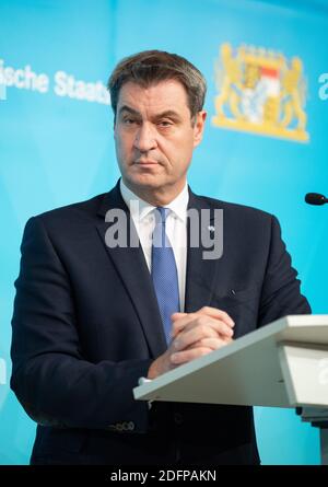 Munich, Germany. 06th Dec, 2020. Markus Söder (CSU), party chairman and Minister President of Bavaria, speaks at a press conference after a cabinet meeting on further developments in the Corona pandemic. The cabinet had previously met via video link. Credit: Matthias Balk/dpa/Alamy Live News Stock Photo